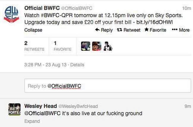 SkySports излъчи Болтън - Куинс Парк, но уондъръс трябваше да промотира компанията