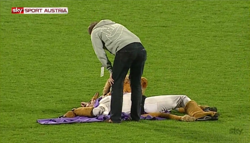 Талисман на Аустрия Виена беше прекалил с алкохола и заспа по средата на терена