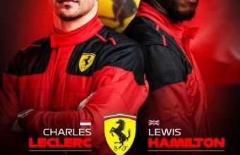 Ф-1 показа плакат на Льоклер и Хамилтън с екипа на Ферари. 